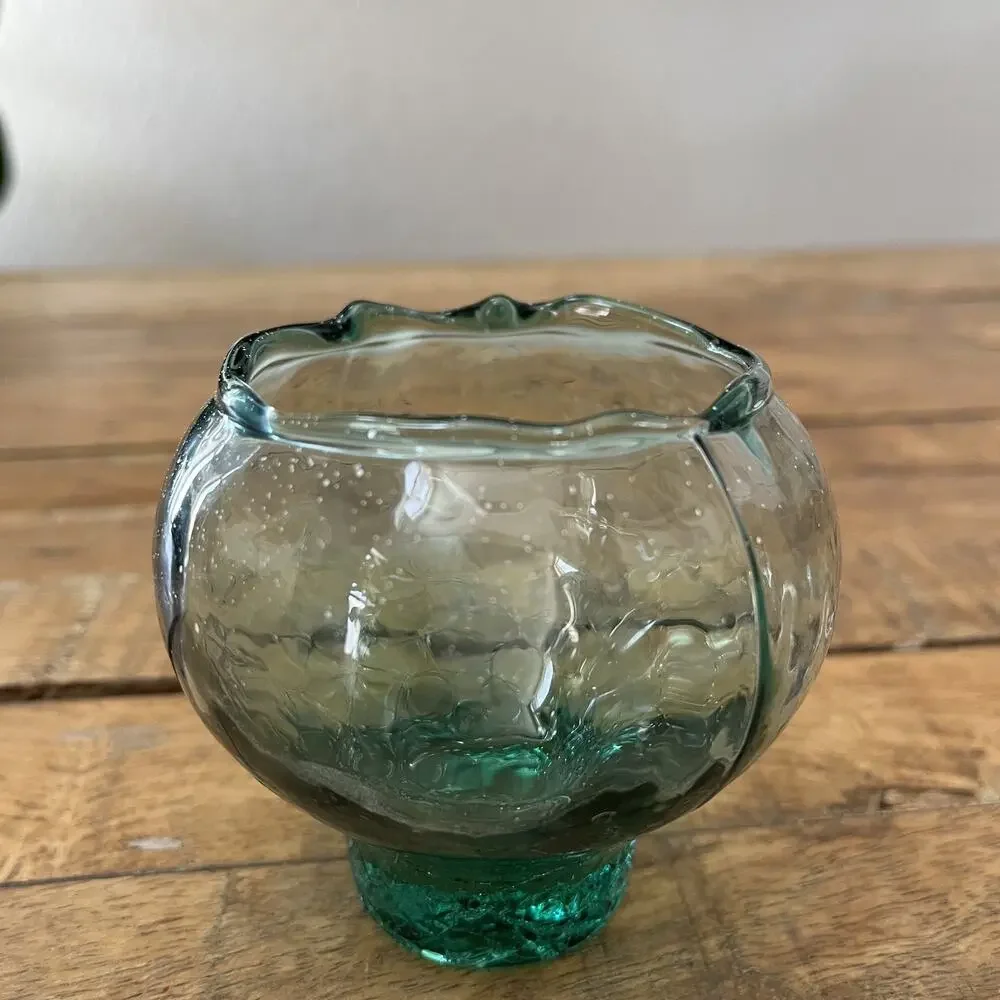 Hand Blown Crackled Glass Candle Holder 3.5